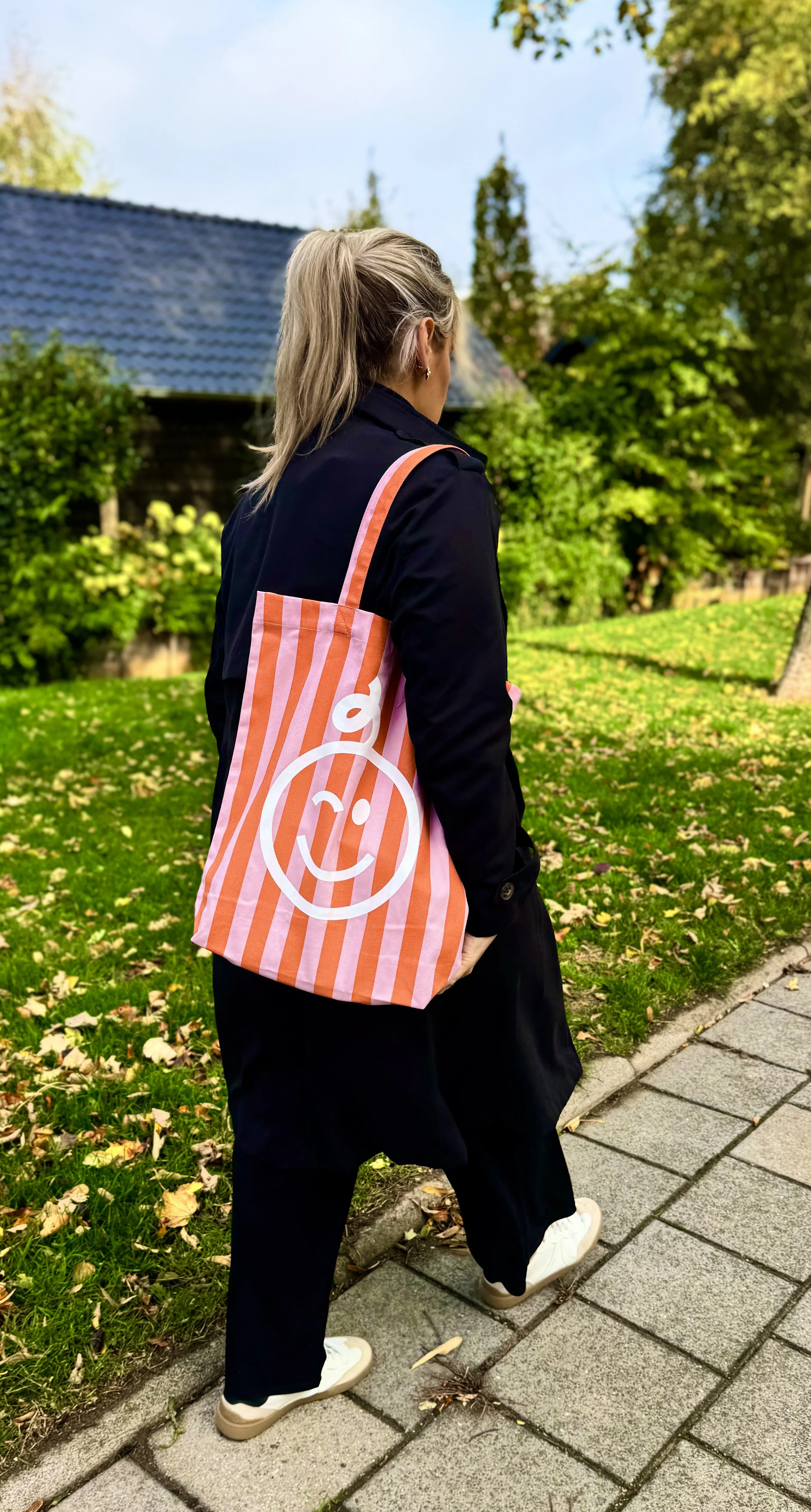 Kraamwinkel shopper 'Roze/oranje gestreept'